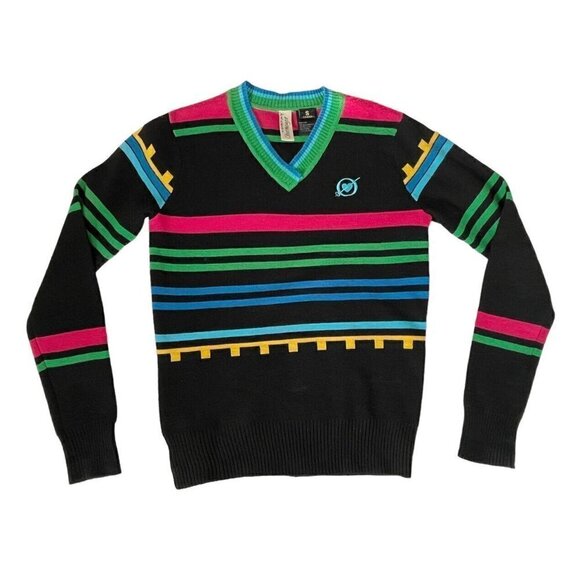 Obermeyer Womans Sz S Black Pink Blue Striped V Neck Wool Blend Pullover Sweater - Picture 8 of 8